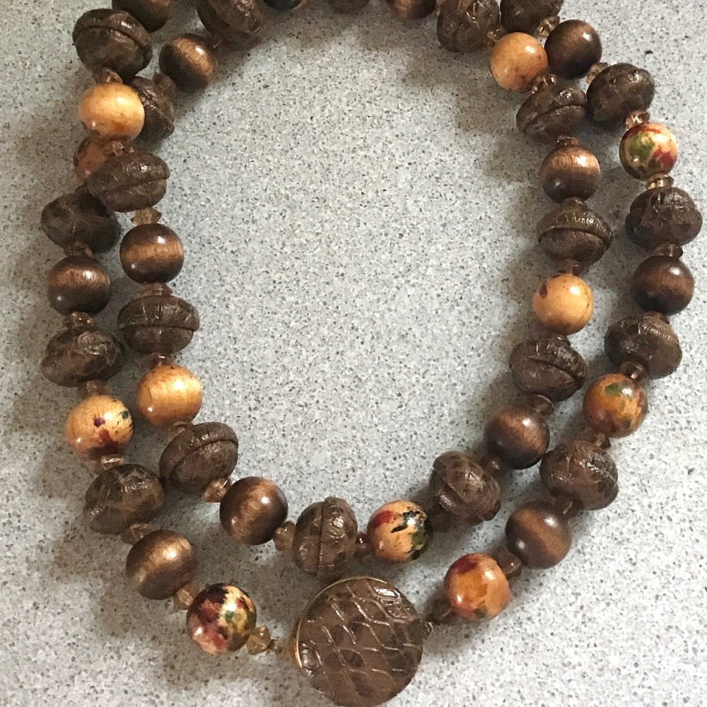 Vintage leather wood brown beaded acorn statement necklace